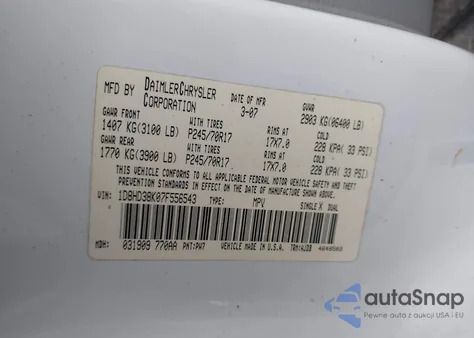 2007 Dodge Durango Sxt из США, поврежденный, VIN 1D8HD38K07F556543